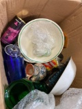 Box of misc glasses flashlights jars plates set of 10 glass cups