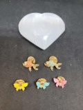 Heart shaped stone paper weight and fish & butterfly pins
