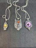 Stainless steel necklaces lot of 3 wolf, eye, hand holding Buddhist head
