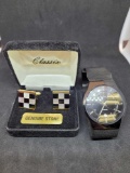 Checkered cufflinks & Skagen watch