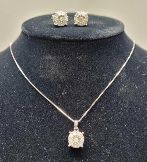 Matching 1ct Sterling Silver Diamond Earrings & Necklace