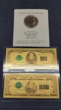 24K Gold Leaf Currency $10,000 & $1,000 Gold Certificates & 1933 $20 Saint Gaudens Copy