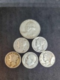 Silver coin lot 5 dimes & one quarter 4 nice better mercuries 90%