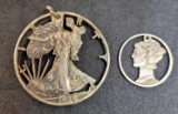 Coin pendant walking liberty & Mercury dime