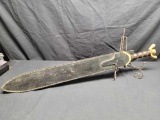 Heavy metal Sword in Sheath w Wood and Gold tone handle. All Leather Sheath Blade 24 in