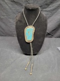 Beautiful Sterling Silver & Turquoise Bollo on Leather strap w Silver tips