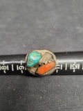 Silver Turquoise and Orange spiny Ring size 10