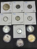 Eleven Proof US Silver Coins Quarters, Dimes and 40% Half