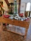 Wood block pine table w various items