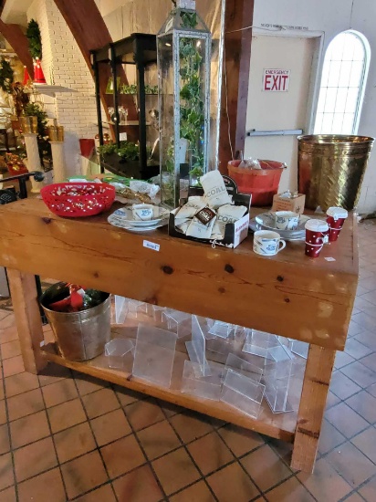 Wood block pine table w various items