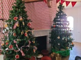 Faux Fireplace w 2 Christmas trees and Ornaments Baskets of Ornaments all included
