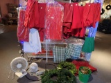 Christmas tablecloths Reds Green check and white. Wreaths buckets and fans