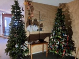 Christmas trees w Ornaments Oak table and glass shelves. Halloween ghostsb