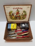 Wood Cigar Box With Vintage Pens