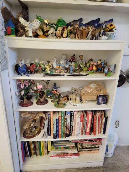 Contents on shelf including Bird and Owl figurines cherished teddies coffee mugs and more