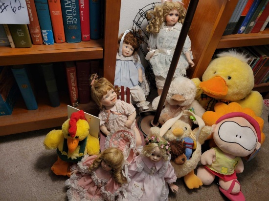 Porcelain Dolls w chairs, Stuffed ducks and dolls