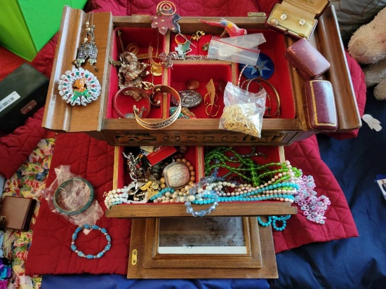 Jewelry box and contents. Costume jewelry neclaces bracelets pins