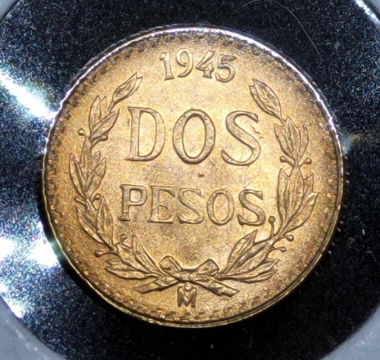 Gold Mexico 1945 2 Peso Gem Brilliant Uncirculated