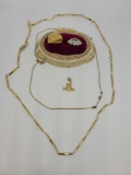 Gold tone jewelry lot 2 necklaces, 2 rings, and pendant