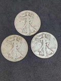 Walking liberty silver half lot of 3 silver $1.50 face full dates 37 and 46 dates