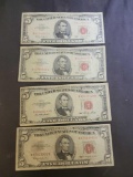 Old 5 dollar bills 50s and 60s 4 bills nice lot in album plastic page $20 face value