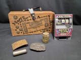 Vintage Money to burn wood box purse Cotter pins Belt buckles and small slot machine