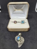 925 Silver jewelry lot 2 rings and necklace pendant with set stones