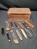Vintage Knives w Various handles Carved wood box.