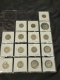 Coin sheet with 13 Quarters, Buffalo Nickel, 2 Wheat cent