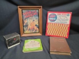 Vintage Cigarette punch card Beatles trivia game and book Framed Tarzan pic Ginger Rodgers book