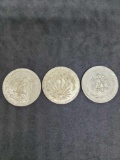 Three Early Silver Mexican 1 Pesos, key Date 1927, 1933 and 1938 Over 1.15 ozs Silver