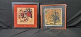 Japanese framed signed artwork of houses and tree's in bloom