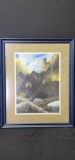 Framed artwork of 2 black bears with signature