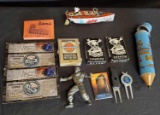 Popeye wind up tin boat,Death playing cards, pencil holder, Warrior chip, Mc Donald's nascar