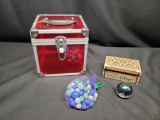 Red storage box Bag of marbles Inlaid box