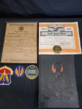 Army honorable discharge certificate framed, patches, book the 1936 flathead.