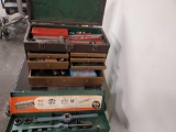 Wells tools. Tap,dies and screwplates. Rafftman tool box with misc. hand tools.