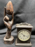 Clock Andrea By Sadek Black Bronze Roman Numeral Clock Made in India and Wooden Hand Sculpture.