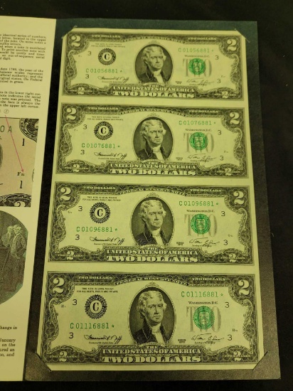 1976 $2 Star Notes Uncut Sheet of 4-Notes from the Bureau of Engraving and Printing