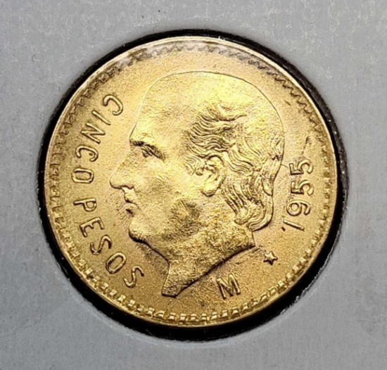 Gold Mexico 1955 5 Peso Gem Brilliant Uncirculated