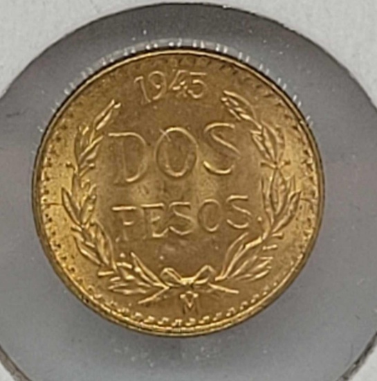 Gold Mexico 1945 2 Peso Gem Brilliant Uncirculated