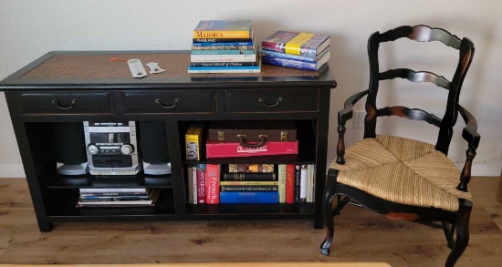 Sideboard Table w Chair games poker chips Books Phillip stereo system