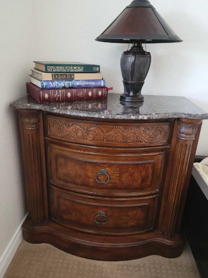 Beautiful 2 drawer chest Nightstand Livingroom piece. Wood w Granite books lamp