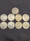 Lot of 9 1964 Kennedy silver half dollars 40% silver