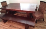 Beautiful Large Solid Wood table w Benched and 2 side Wicker chairs Great for indoors or out