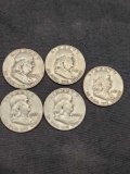 Lot of 5 Benjamin Franklin Silver half Dollars
