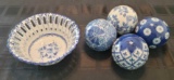 Beautiful Basket Bowl made in Portugal and 4 glass Blue and white painted Balls