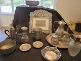Pewter Tea Set Candleabra serving bowls. Silvertone frame lacy dish candle sticks and kitchen