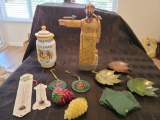 Mixed lot of cool items Metal Leaf serving plates grape candles Cool wood statue Thermometers