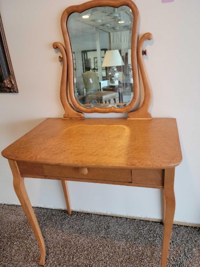 Vintage Vanity wood table w Beveled Mirror and Drawer